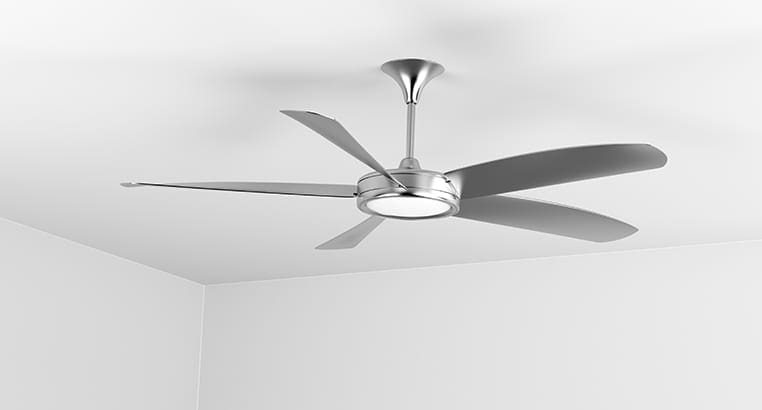 Silver ceiling fan on white ceiling